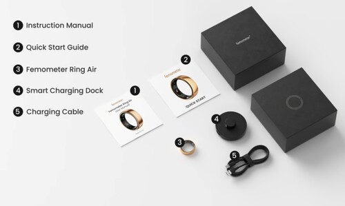 Neben dem eigentlichen Ring beinhaltet der Lieferumfang auch eine Ladestation mit Ladekabel. (Bildquelle: Femometer via Kickstarter)