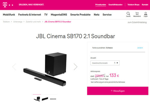 Nicht mehr taufrisch, sorgt aber für Wumms: JBL Cinema SB170 2.1 Soundbar zum Knallerpreis von 133 Euro.