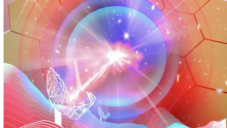 Eine Darstellung des MeerKAT-Radioteleskops bei der Entdeckung eines schnellen Radioblitzes (FRB).