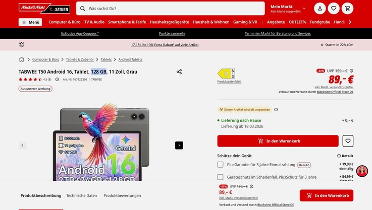 Das Tabwee T50 wird auch hierzulande mit 6 GB RAM und 128 GB Speicher vermarktet.
