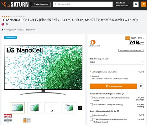 Kracher-Deal: Saturn verkauft den LG 65 Zoll NanoCell 4K UHD Smart-TV zum Bestpreis im Angebot.