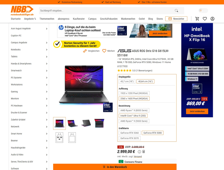 Asus ROG Strix G16 G615LW-S5116W für 2.999 Euro.