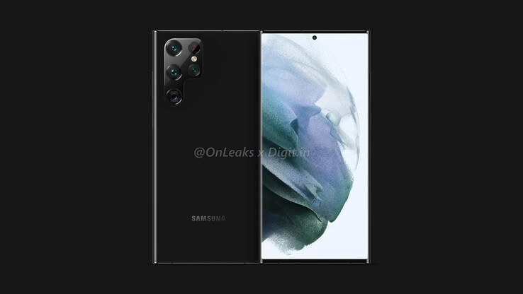 Das Samsung Galaxy S22 Ultra soll ein ungewöhnliches Kameramodul in P-Form besitzen. (Bild: @OnLeaks / Digit)
