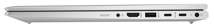 Rechte Seite: SIM-Karten-Leser (optional), Audiokombo, HDMI, USB 3.2 Gen 1 (USB-A), 2x USB 3.2 Gen 2 (USB-C; Power Delivery, Displayport), Netzanschluss