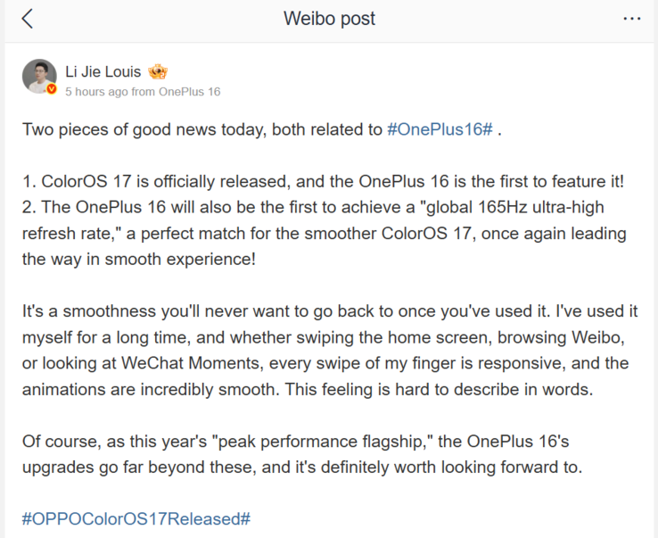 Li Jie hat eine systemweite Bildwiederholrate von 165Hz für das OnePlus 16 sowie ColorOS 17 ab Werk bestätigt