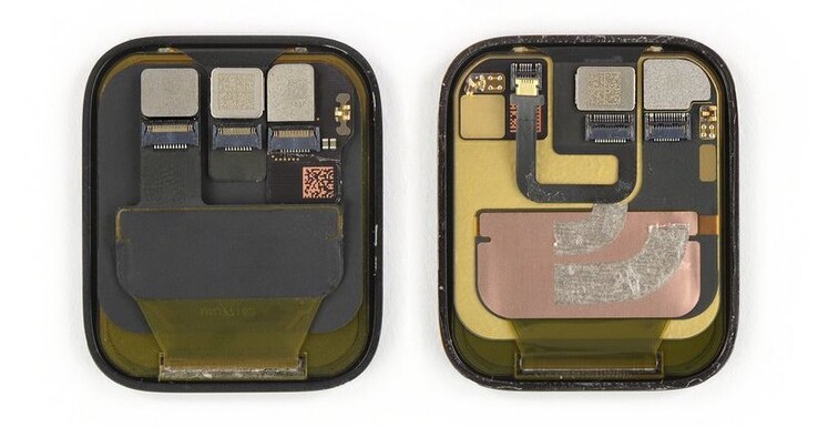 Die Apple Watch Series 6 (rechts im Bild) kommt mit weniger Kabeln als das Vorgängermodell aus. (Bild: iFixit)