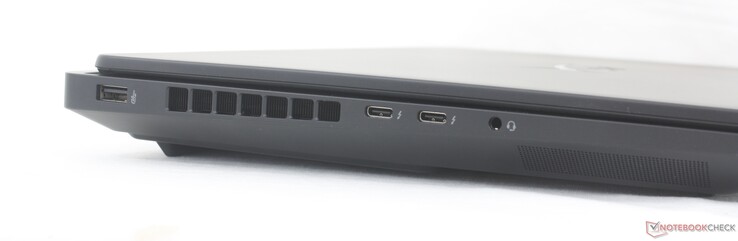 Links: USB-A (10 Gbit/s), 2x USB-C Thunderbolt 4 mit DisplayPort 2.1 + Power Delivery 3.1 (40 Gbit/s), 3,5-mm-Headsetanschluss