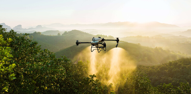 Eine kommerzielle Drohne von DJI im Einsatz in der Landwirtschaft