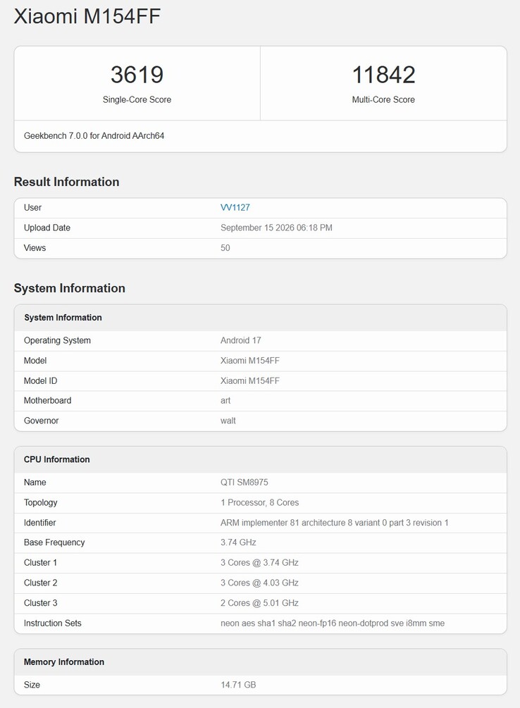 Das Xiaomi 18 Pro taucht als China-Modell auf Geekbench auf.