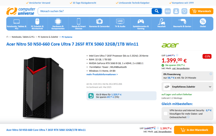 Acer Nitro N50-660 DG.E4FEG.006 für 1.399 Euro.