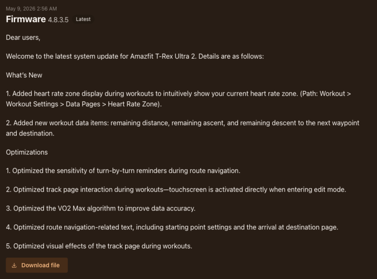 Patchnotes zum Update 3.8.0.5 für die Amazfit T-Rex Ultra 2 Smartwatch