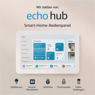Der Echo Hub ist flexibel und vielseitig einsetzbar. Er kann an der Wand montiert oder mit einem optionalen Standfuß verwendet werden.