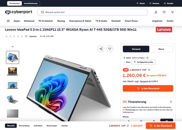 Lenovo IdeaPad 5 2-in-1 15AGP11 83UM002BGE für 1.260,08 Euro.