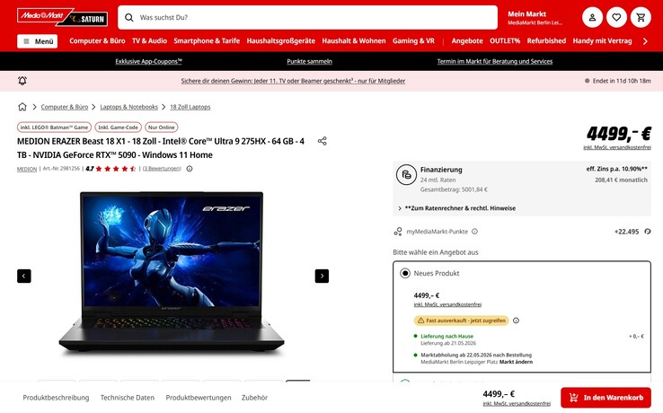 Medion Erazer Beast 18 X1 für 4.499 Euro.
