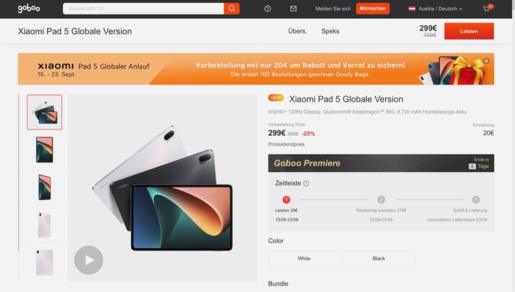 Goboo bietet das Xiaomi Pad 5 bereits vor dem Launch zum Bestpreis an. (Bild: Goboo)