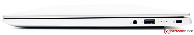 Rechte Seite: 3,5-mm-Klinke, USB-A 2.0, Status-LEDs, Steckplatz für Sicherheitsschloss