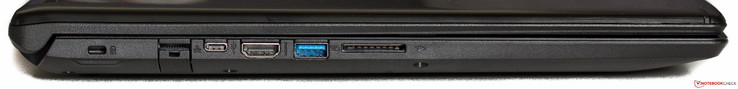 linke Seite: Kensington, RJ45 (Ethernet), USB 3.1 Gen1 Typ C, HDMI, USB 3.0 Typ A, SD-Cardreader