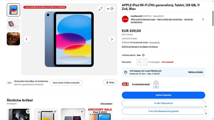 Das iPad 11 (2025) in der Farbe Blau wäre dank eines Rabattcodes für 305,10 Euro zu haben.