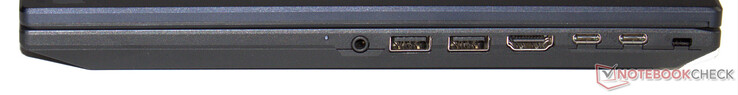 Rechte Seite: Audiokombo, 2x USB 3.2 Gen 2 (USB-A), HDMI, Thunderbolt 4 (USB-C; Power Delivery, Displayport), USB 3.2 Gen 2 (USB-C; Power Delivery), Steckplatz für ein Kensington-Schloss