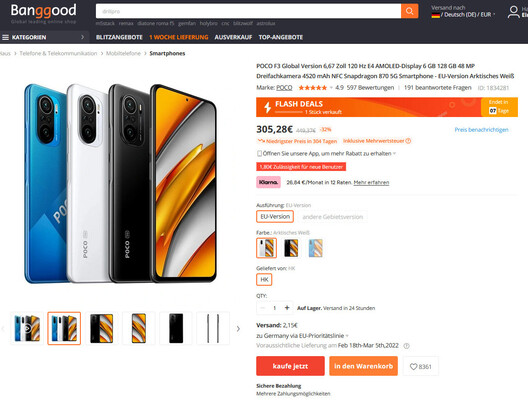 Banggood-Deal: Xiaomi Poco F3 5G 6/128 GB