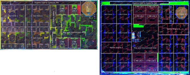Intel-Xe3-GPU-Kerne in Panther Lake. Ein Kern im GT1-Tile auf Basis von Intel 3 ist etwa 55 Prozent größer als ein Kern im GT2-Tile auf Basis von N3E