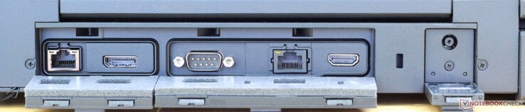 Rückseite: Gigabit Ethernet, DisplayPort 1.2, serielle Schnittstelle, Gigabit Ethernet, HDMI 1.4, Netzanschluss