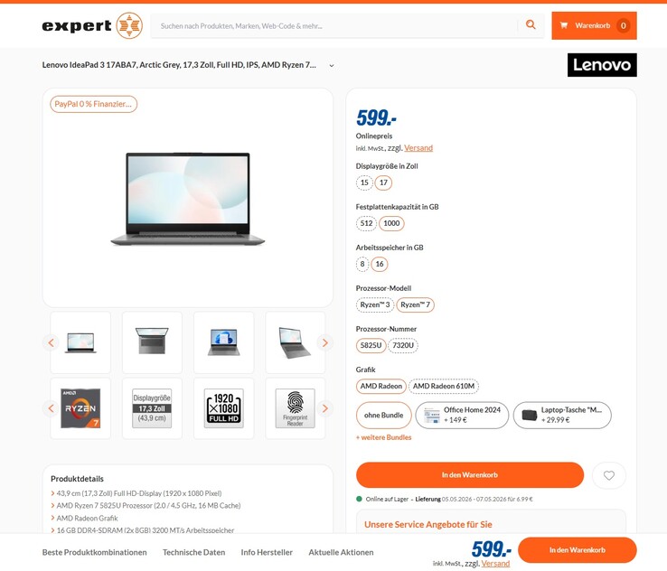 Lenovo IdeaPad 3 17ABA7 82RQ007PGE für 599 Euro.