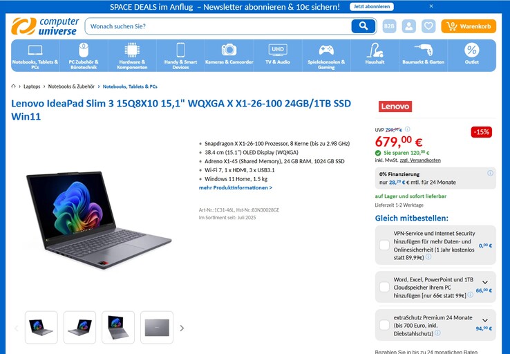 Lenovo IdeaPad Slim 3 15Q8X10 (83N30028GE) für 679 Euro.