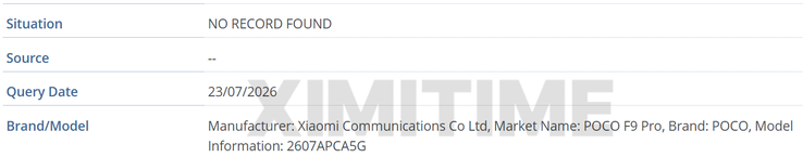 GSMA IMEI Datenbank-Eintrag zum Poco F9 Pro