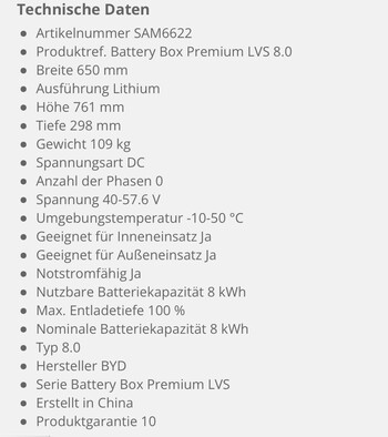 Technische Daten: Battery Box Premium LVS 8.0 Energy Storage (Quelle: BYD)