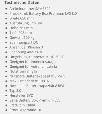 Technische Daten: Battery Box Premium LVS 8.0 Energy Storage (Quelle: BYD)