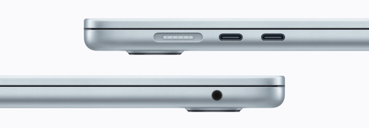 Links: MagSafe, 2x USB-C mit Thunderbolt 4 (40 Gbps, DisplayPort 1.4, Power Delivery), rechts: 3,5 mm Stereo-Klinke