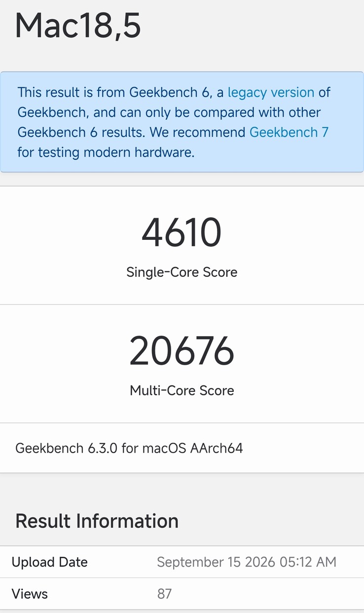 Der Eintrag zum Mac mini M6 in Geekbench 6.3