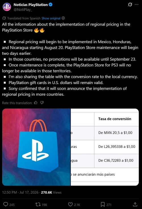 Übersetzte Ankündigung zur Preisgestaltung im lateinamerikanischen PlayStation Store