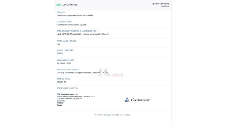 Zertifizierung des Vivo Pad FE durch TÜV Rheinland Japan.