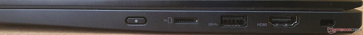 Rechts: Ein-/Ausschaltknopf, microSD-Kartenleser, USB-A 3.2 Gen1 (Powered), HDMI 2.0, Sicherheitsschloss-Vorrichtung