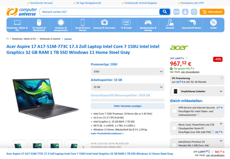 Acer Aspire 17 A17-51M-773C für 967,52 Euro.