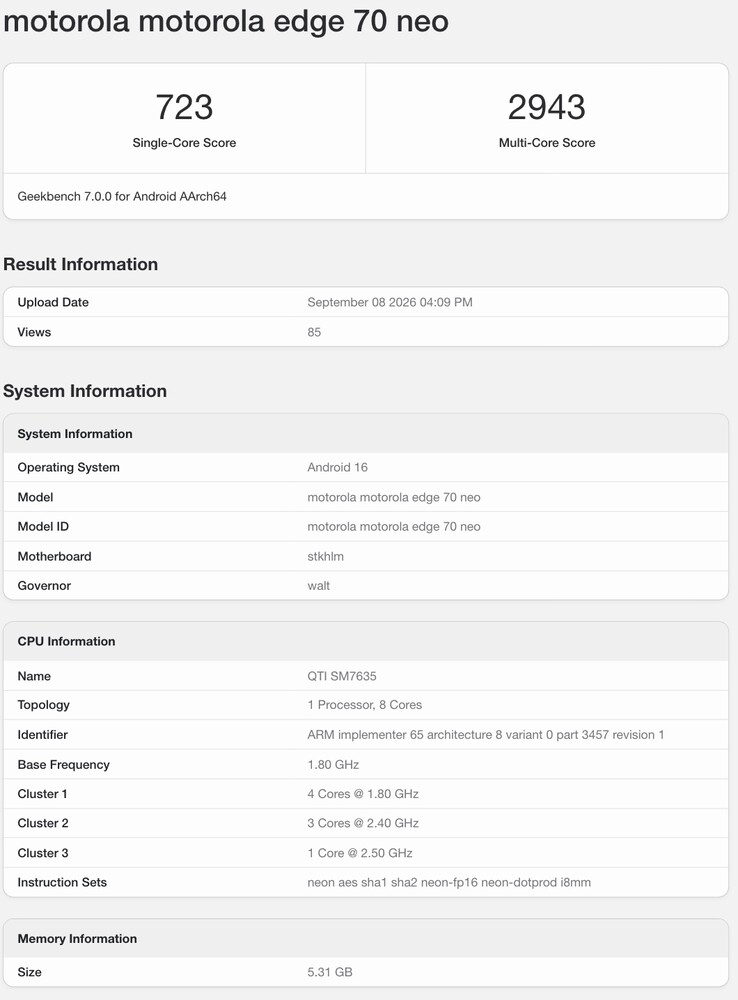Geekbench-Eintrag zum Edge 70 Neo.