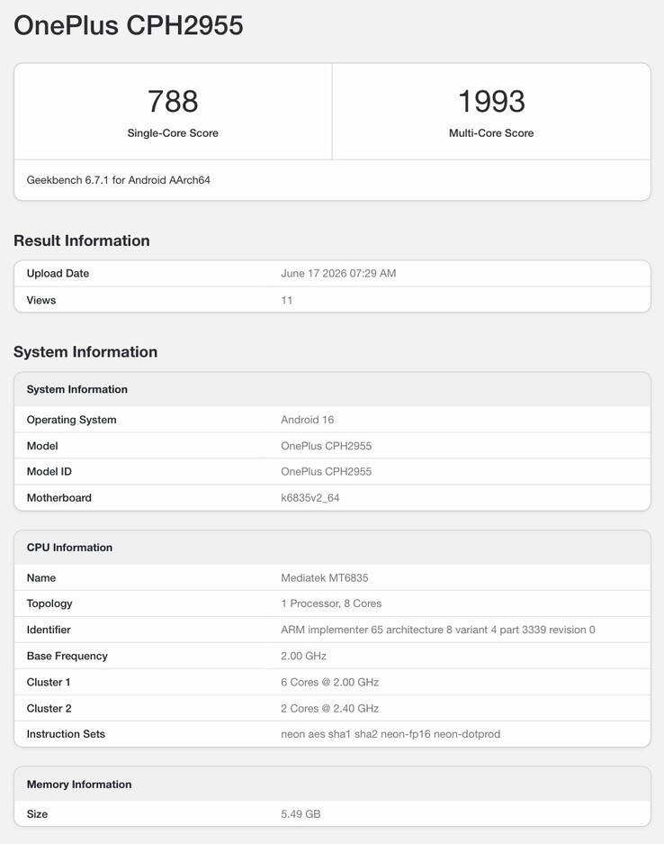 Angeblicher Geekbench-Eintrag zum OnePlus N6.