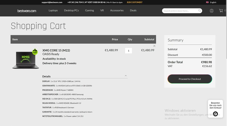 XMG Core 15 im Warenkorb