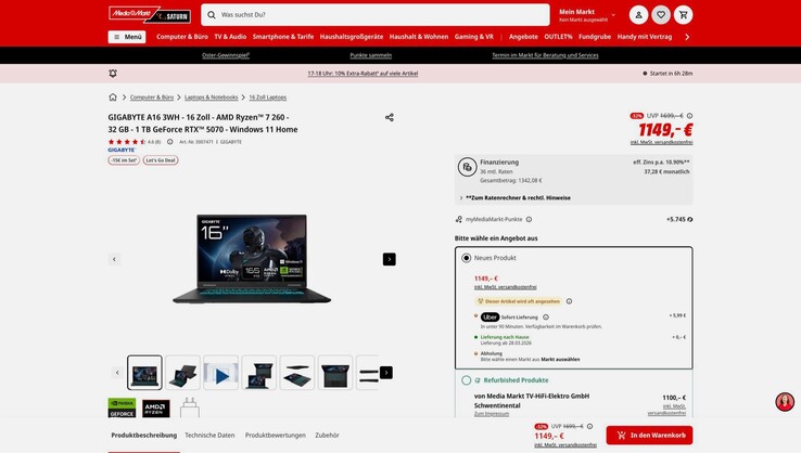 MediaMarkt bietet das Gigabyte A16 zum Allzeit-Bestpreis an.