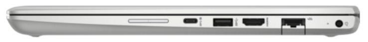 Rechte Seite: Lautstärkewippe, 1 USB 3.1 Type-C Gen 1 (Stromversorgung, DisplayPort), USB 3.0, HDMI 1.4b, RJ-45, Netzanschluss