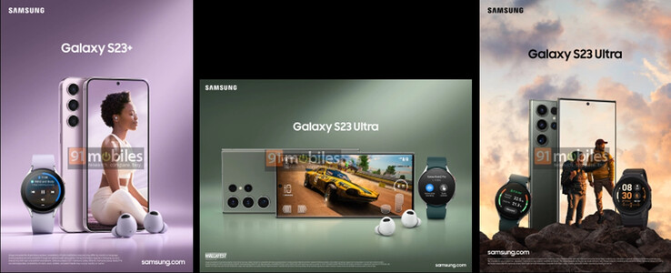 Die drei veröffentlichten Marketing-Bilder des Galaxy S23 Ultra und Galaxy S23+ (Bilder: 91mobiles)