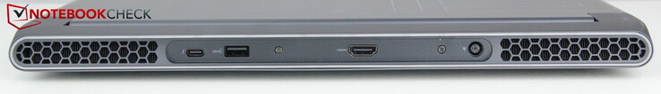 Hinten: USB-C 3.2 Gen 2 (mit Thunderbolt 4, Display Port 1.4 und 15 W Power Delivery), USB-A 3.2 Gen 1, HDMI 2.1, Strom