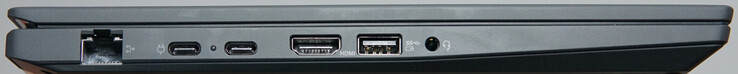 Anschlüsse links: 1-Gigabit-LAN, USB4 (40 Gbit/s, DP), USB-C (10 Gbit/s, DP), HDMI, USB-A (5 Gbit/s), Headset