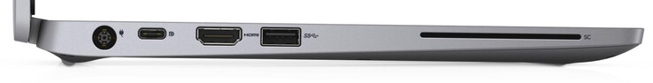 Linke Seite: Netzanschluss, USB 3.2 Gen 2 (Typ C; Displayport, Power Delivery), HDMI, USB 3.2 Gen 1 (Typ A)