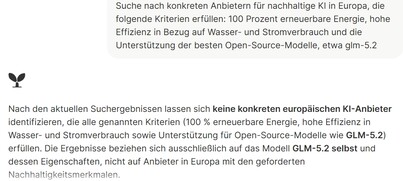Bei Rechercheaufgaben wird es dann aber oftmals schwierig. (Hinweis: Es gibt durchaus Anbieter, die die im Prompt geforderten Kriterien erfüllen.)