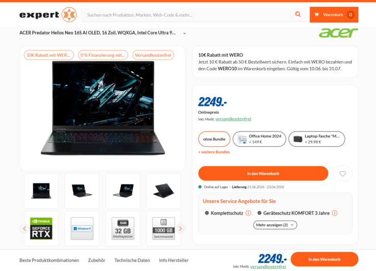 Acer Predator Helios Neo 16S AI OLED PHN16S-71-96M1 für 2.249 Euro.