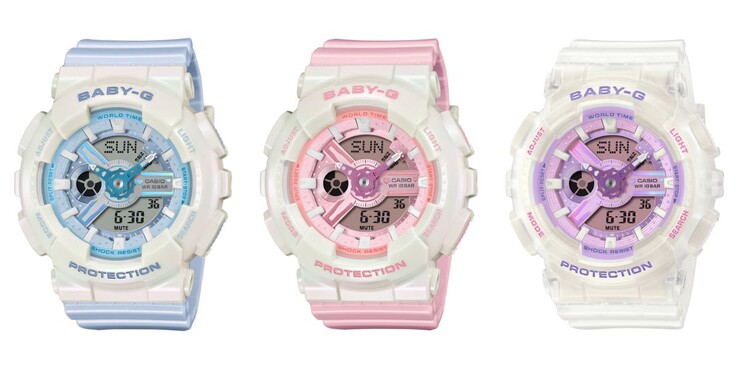 Von links nach rechts: die Casio-Uhren Baby-G BA-110PD-2A, BA-110PD-4A und BA-110PS-7A.