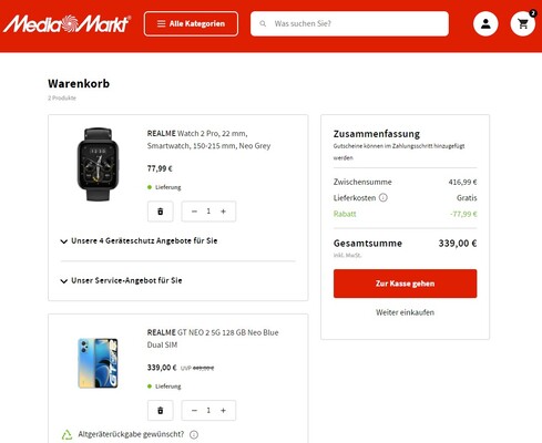 Super-Deal: Bei Media Markt ist das Realme GT Neo 2 5G mit gratis Realme Watch 2 Pro für nur 339 Euro erhältlich.